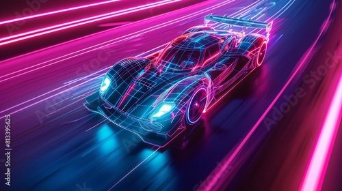 Racing car wireframe glowing with neon stripes, top view, speed and aerodynamics, digital tone, Monochromatic Color Scheme