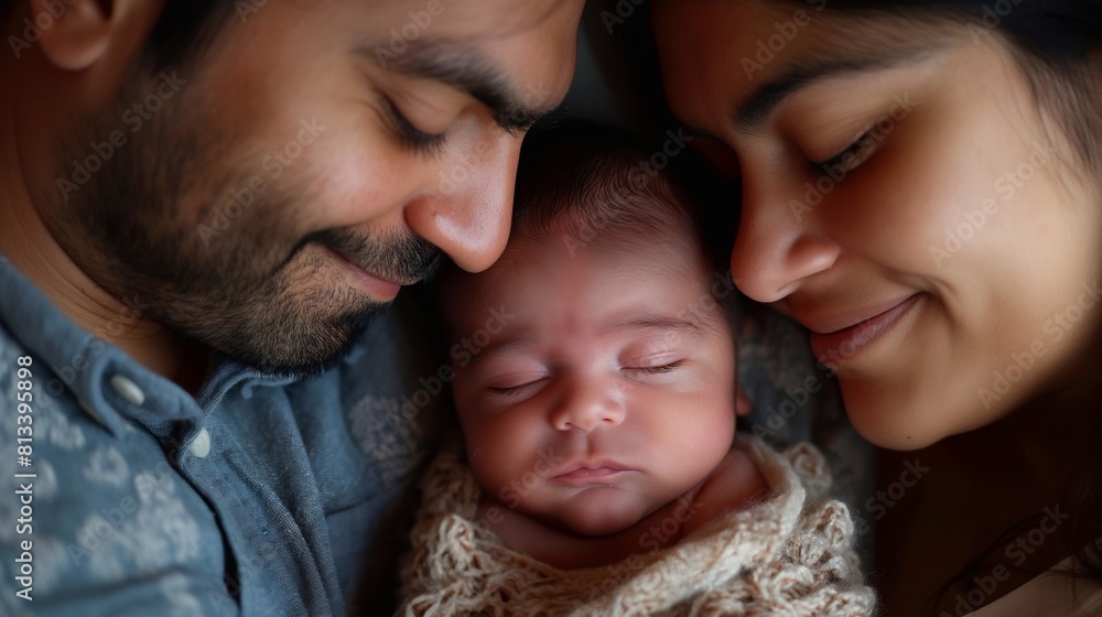 A close-up portrait of a happy couple hugs their newborn little baby at home, the woman and man became parents. Embrace of Wonder: A family Holding Their Newborn, Captivated by the Beauty of Life A close-up portrait of a happy couple hugs their newborn little baby at home, the woman and man became parents. Embrace of Wonder: A family Holding Their Newborn, Captivated by the Beauty of Life