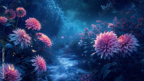 the serene allure of Dahlia flowers casting elongated shadows along a moonlit pathway, their delicate beauty enhanced by the mystical ambiance of the night, seen from an aerial perspective..