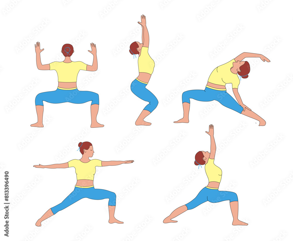 Set of sportive young woman doing yoga and fitness exercises.