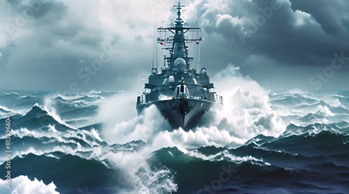 Modern Navy Destroyer on Patrol. Military Defense and Security Concept. Naval Vessel Navigating Rough Seas.
 photo