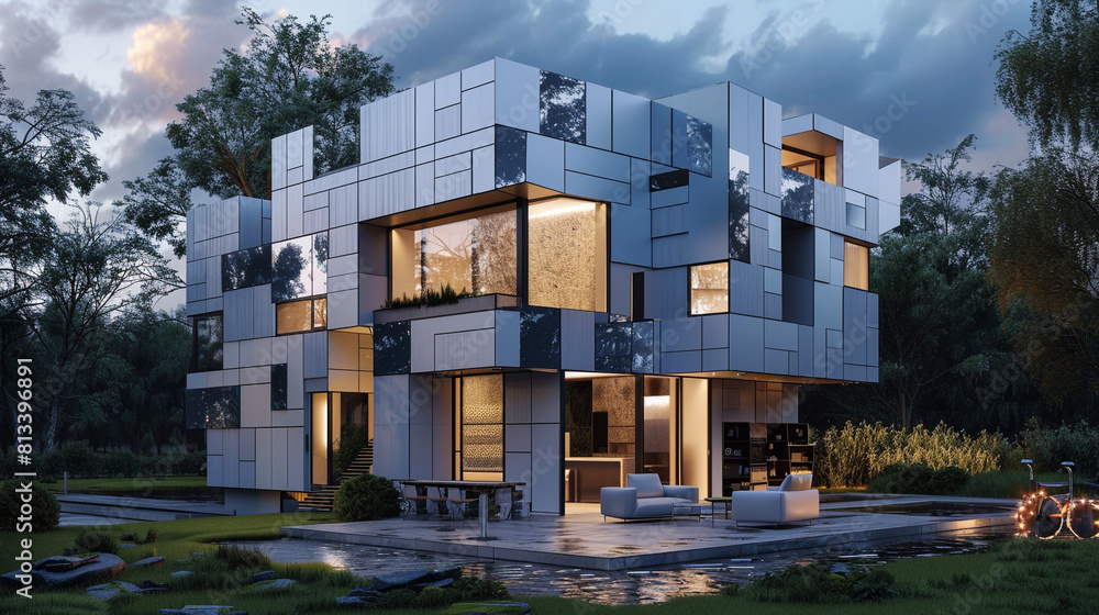 Cubic house with an ultra-modern design, featuring a kinetic facade that changes configuration based on weather conditions. Cubic house with an ultra-modern design, featuring a kinetic facade that changes configuration based on weather conditions.