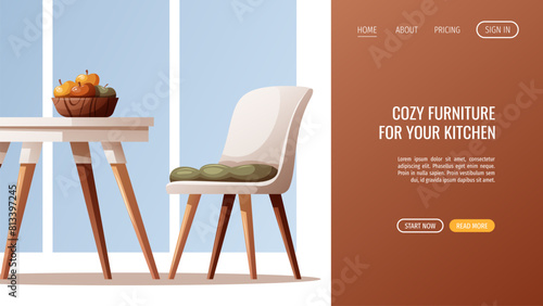 Web page design with cozy white dining table with chairs. Scandinavian style. Home interior, furniture, dining room, kitchen, cafe concept. Vector illustration for banner, website.