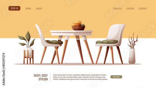 Web page design with cozy white dining table with chairs. Scandinavian style. Home interior, furniture, dining room, kitchen, cafe concept. Vector illustration for banner, website.