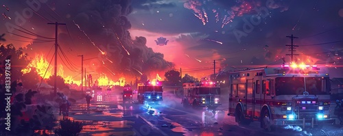A convoy of emergency vehicles with flashing lights transporting evacuees away from an engulfed neighborhood, fire visible on the horizon photo