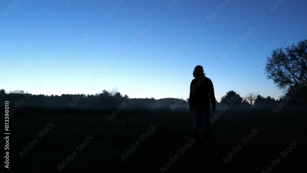 Teen girl meandering through meadow at dusk with fog Teen girl meandering through meadow at dusk with fog