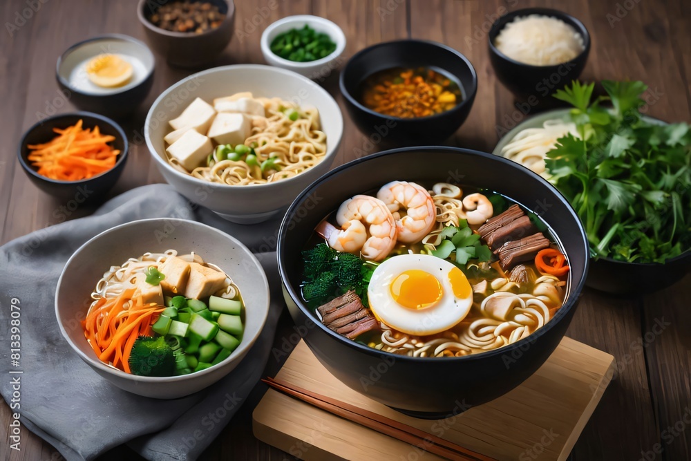 Asian noodle soup ramen with beef tofu shrimp vegetables and egg in black bowl on the wooden table Asian noodle soup ramen with beef tofu shrimp vegetables and egg in black bowl on the wooden table