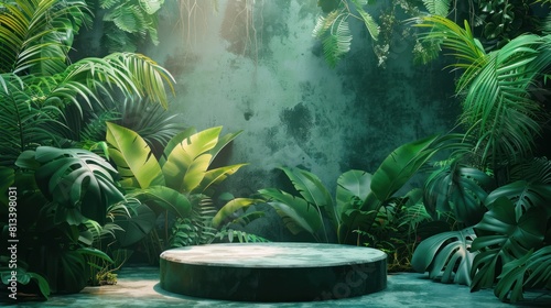 The lush green foliage of the jungle surrounds a simple stone pedestal, creating a natural and exotic scene photo