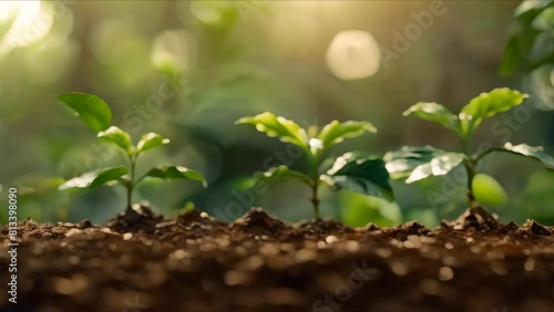 Emerging coffee bean seedlings in nature representing growth and ecology. Concept Coffee Cultivation, Seedling Growth, Nature Ecology, Agricultural Innovation, Sustainable Farming photo