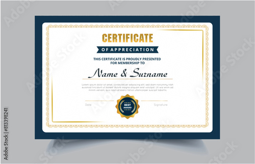 Elegant Blue and gold diploma certificate template. Use for print, certificate, diploma, graduation