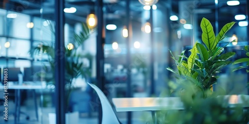 Beautiful blurred background of a light modern office interior with beautiful lighting. blurred background of an open space in the business center.