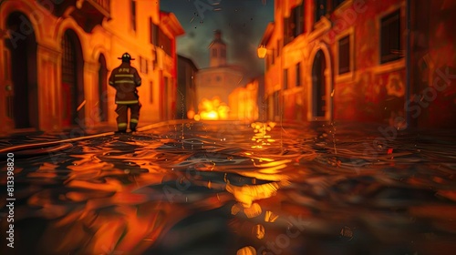 A firefighter standing waistdeep in floodwaters, holding a hose to extinguish a fire burning on a distant rooftop photo