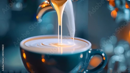 Barista showcasing latte art with milk pouring into coffee in a cafe. Concept Barista, Latte Art, Milk Pouring, Coffee, Cafe photo