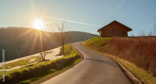 道沿いの山小屋と夕日