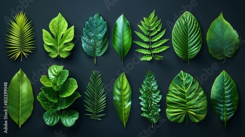Icon set of green tropical leaves. Leaf design for banners and packaging backgrounds.