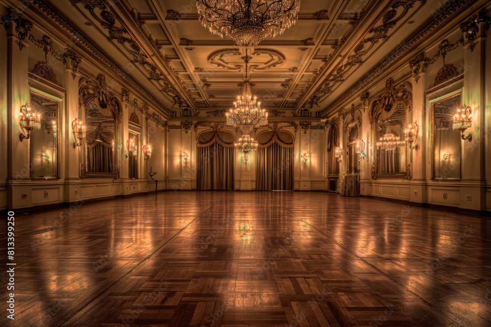 An empty inn ballroom with polished floors, gilded mirrors, and glittering chandeliers, longing for the graceful movements of dancers, Generative AI An empty inn ballroom with polished floors, gilded mirrors, and glittering chandeliers, longing for the graceful movements of dancers, Generative AI
