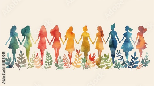 The 8th of March is Women's Day. A group of women hold hands and stand together. Modern illustration.