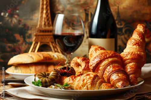 French cuisine featuring a plate of croissants, escargot, baguettes and a bottle of red wine