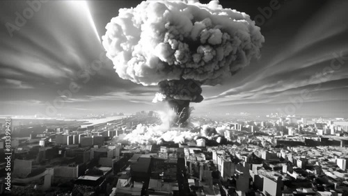 Nuclear War: Atomic Bomb Explosion Forms Mushroom Cloud Over City. Concept Militarization, Peace negotiations, Civilian protection, Warfare consequences, Nuclear disarmament photo
