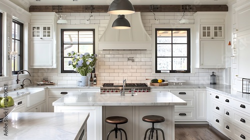 Bright kitchen interior with white cabinetry and subway tile backsplash, offering a clean and fresh backdrop for culinary adventures. photo