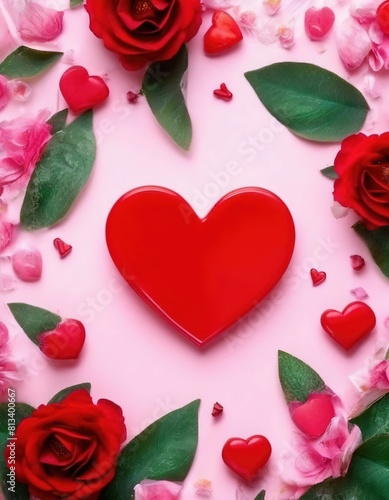 red heart and red roses on a pink background. greeting card for Valentine's Day
