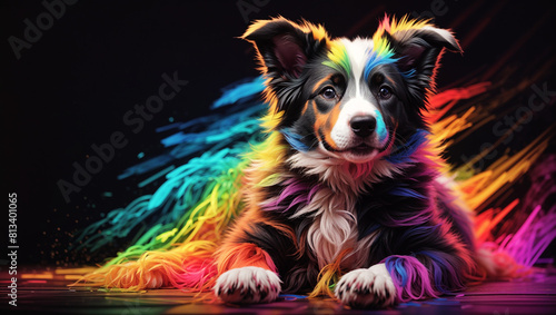 A Border Collie puppy is lying down with a rainbow of colors in the background. © Hammad