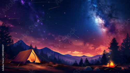 A glowing campfire under a starry night sky with tents and shooting stars in a serene mountain landscape.