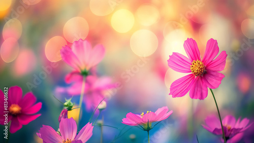 Bright pink flowers bloom against a dreamy  bokeh-filled background in a vibrant  colorful garden.