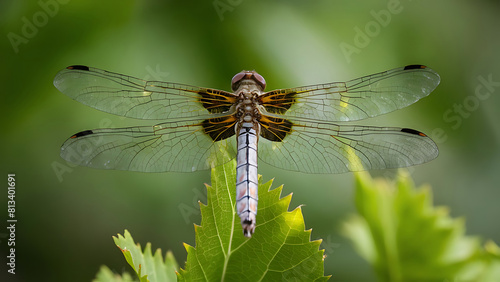 A captivating photograph of a vibrant dragonfly gracefully resting on a large, verdant leaf. Generative AI