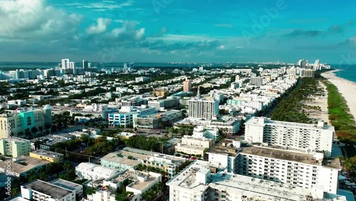 Aerial drone view over Ocean Drive in Miami South Beach on a cloudy day. photo