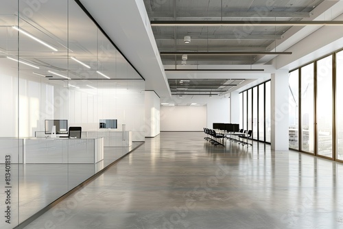 Bright and Clean Industrial Style Open Office Interior  Open Space with Lots of Table Desks and Chairs  Large Windows  High Empty Ceilings  a Concrete Floor.