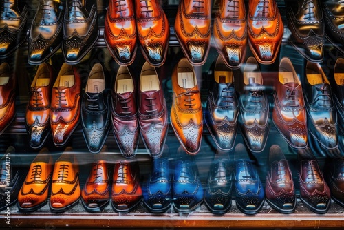 A shoe store with shelves full of different shoes arranging from formal shoes to casual sneakers, neatly lined up in a contemporary photo