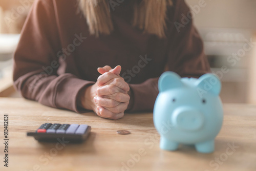 Slika na platnu worried woman planning savings and expenses energy bill tax invoice credit loan