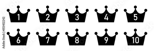Ranking crown icon set. Ranking crown vector set in black color. From 1st place to 10th place ranking crown vector illustration. Crown ranking illustration set.