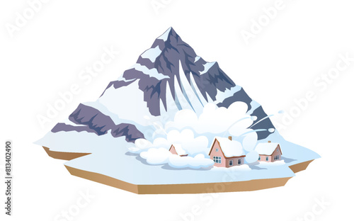 Avalanche in mountain village 2D cartoon objects. Dangerous nature disaster with snow at highland isolated line vector scene on white background