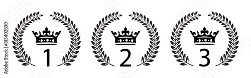 Ranking laurel wreath icon set. From 1st palace to 3rd palace. Laurel wreath crown award winning rank 1,2 and 3 icons. First, second, third ranking laurel wreath vector icon set in black color. photo