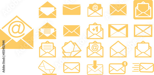 Mails icons Set. Vectors Yellow flat designs, adapted e-mail icons for web sites and mobile apps. Open envelope, message pictogram. Email, post, letter, envelopes isolated on transparent background.