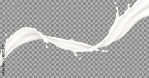 Liquid cream strip swirls in horizontal surface with drops realistic vector illustration. Cosmetic and dairy product texture 3d object on transparent background