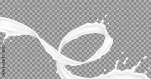 Liquid cream vertical swirl with drops realistic vector illustration. Cosmetic and dairy product texture in motion 3d object on transparent background