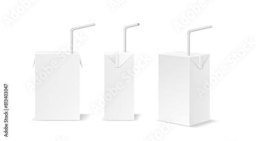 Small copy space boxes of drink with straws realistic vector illustration set. Personal beverage carton packs 3d objects on white background