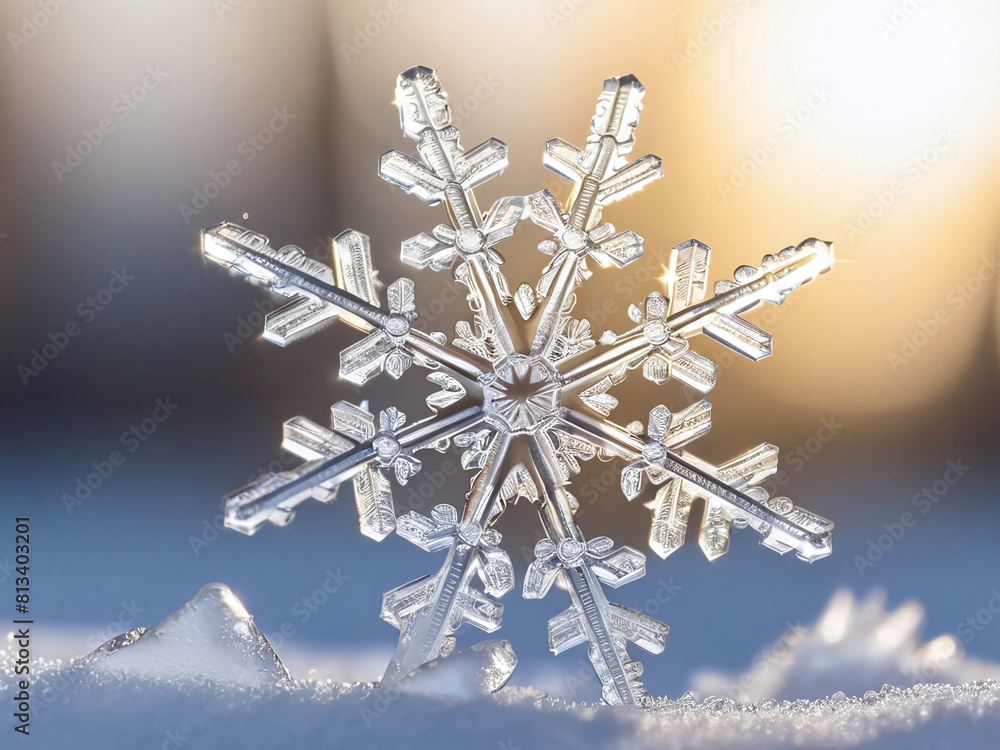 A close-up photo of a delicate snowflake with intricate ice crystals, illuminated by soft sunlight A close-up photo of a delicate snowflake with intricate ice crystals, illuminated by soft sunlight