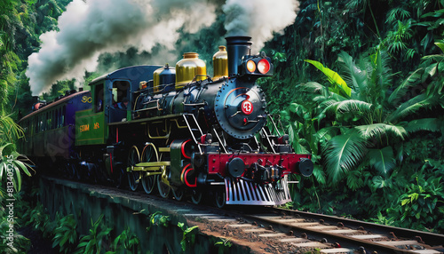 An old steam locomotive rushes through the dense jungle. a long train line-up. the train is traveling over the bridge. Railway Worker's Day