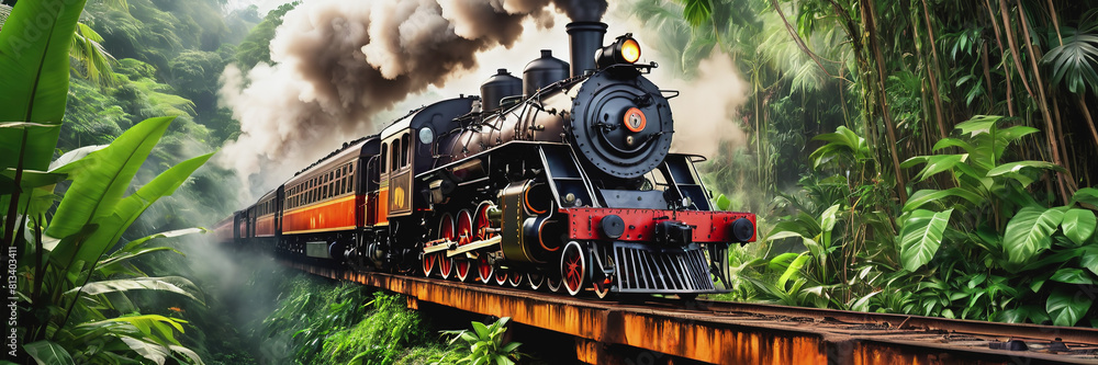 Obraz premium An old steam locomotive rushes through the dense jungle. a long train line-up. the train is traveling over the bridge. Railway Worker's Day