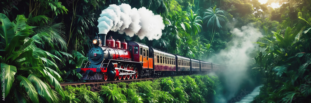 Obraz premium An old steam locomotive rushes through the dense jungle. a long train line-up. the train is traveling over the bridge. Railway Worker's Day