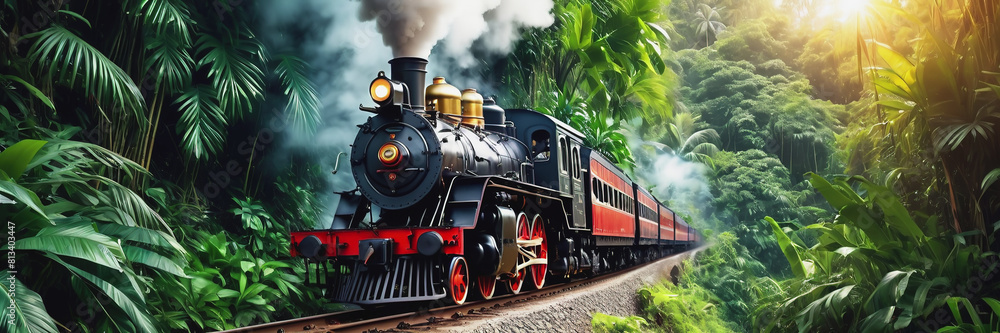 Obraz premium An old steam locomotive rushes through the dense jungle. a long train line-up. the train is traveling over the bridge. Railway Worker's Day