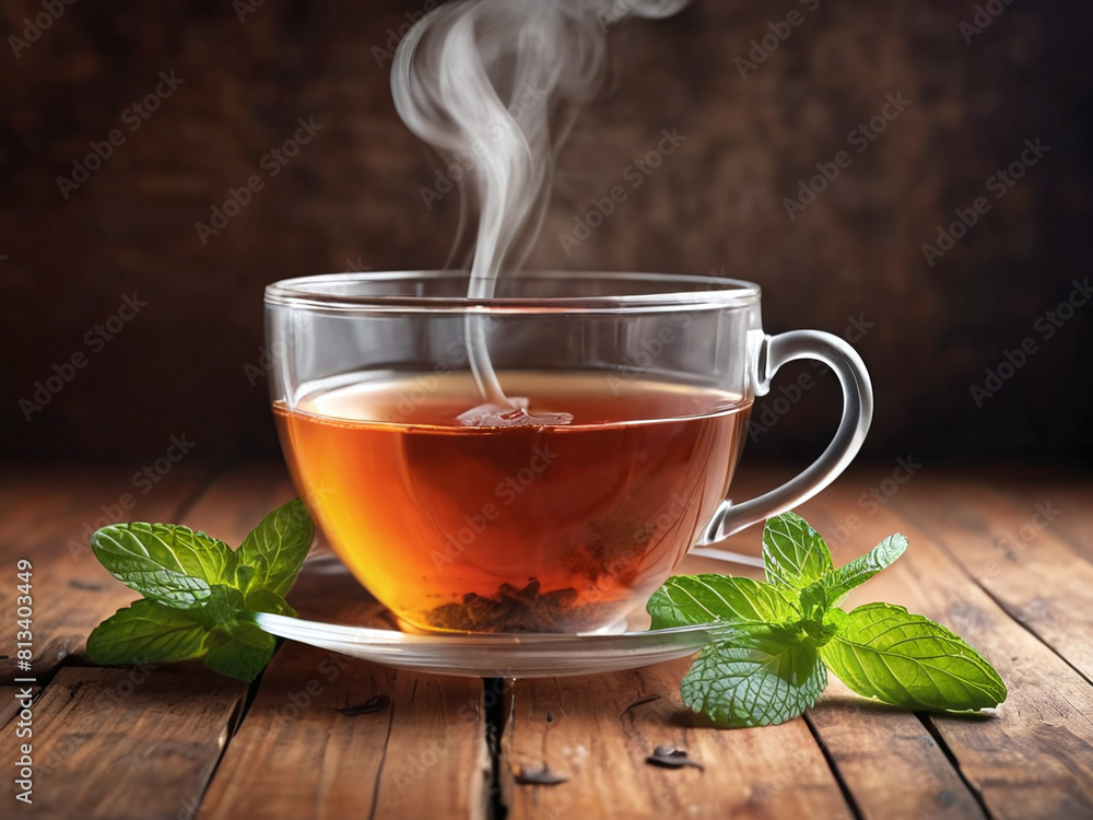 A photorealistic image of a steaming cup of tea with fresh mint leaves on a wooden table A photorealistic image of a steaming cup of tea with fresh mint leaves on a wooden table