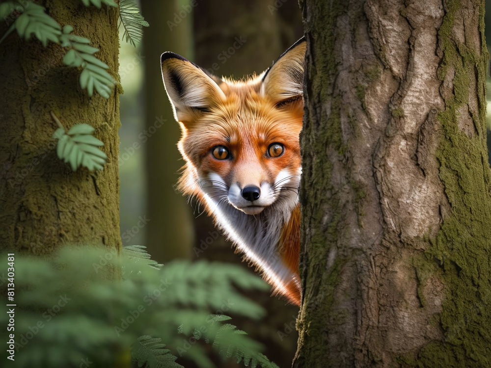 A photorealistic portrait of a curious red fox peeking out from behind a tree in a lush forest A photorealistic portrait of a curious red fox peeking out from behind a tree in a lush forest