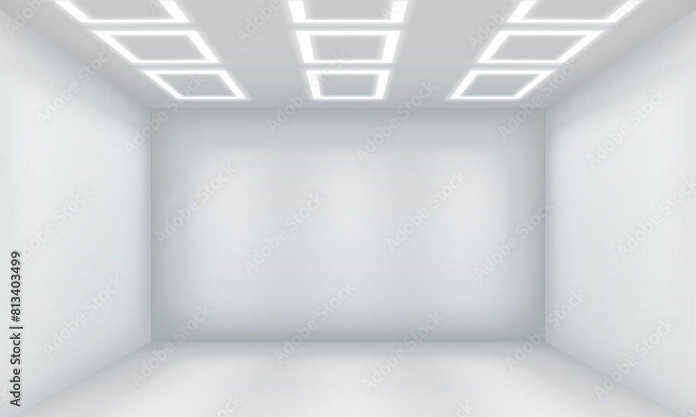 Empty shop premise with shelves on walls realistic 3d illustration. Boutique enclosure design. Modern show room interior vector background Empty shop premise with shelves on walls realistic 3d illustration. Boutique enclosure design. Modern show room interior vector background