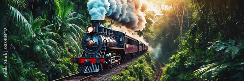 An old steam locomotive rushes through the dense jungle. a long train line-up. the train is traveling over the bridge. Railway Worker's Day