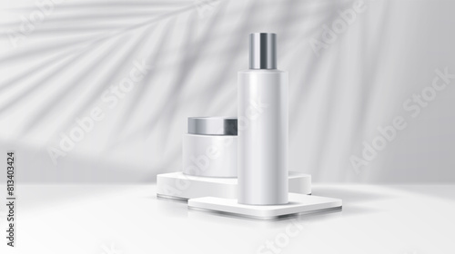 Cosmetic products on podium in leaves shadow realistic vector illustration. Skincare advertising stage 3d objects on white background